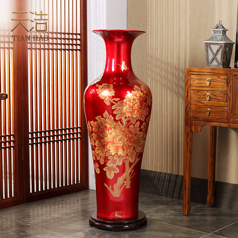 Jingdezhen ceramics of large vases, red peony modern home sitting room adornment is placed hotel opening gifts