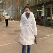 Courteson White Down Clothing Womens Winter Lian Hat 2021 New Korean Version Casted Waist Minimalist Mid-Length White Duck Suede Jacket