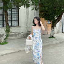 Princess paired with suit harness dress for womens summer display slim waist satin high-end temperament crummy blue long dress