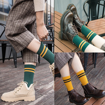 3 spring mid-tube socks Korean version of college style autumn and winter long tube Korean parallel bar pile pile socks womens cotton striped socks