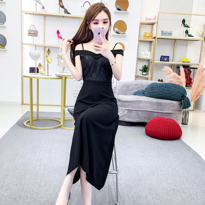 Sexy Shoulder Party Dresses Long with Slender Waist A-shaped Dress