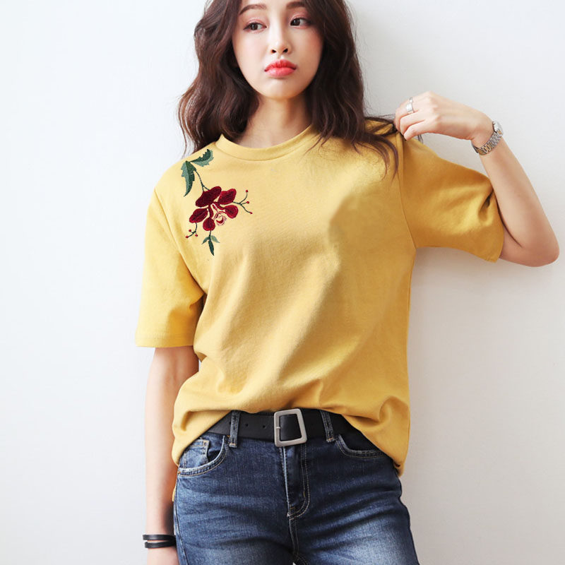 玫瑰花刺绣纯白色t恤短袖