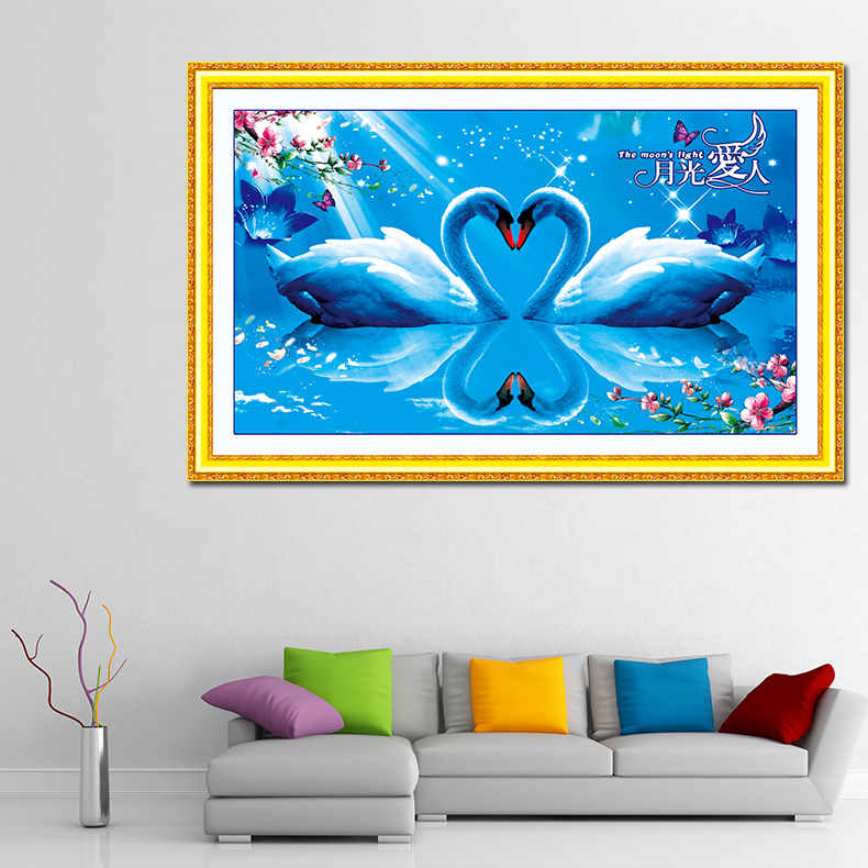 青飞5d心心相印十字绣月光爱人钻石画天鹅心心相映浪漫结婚卧室