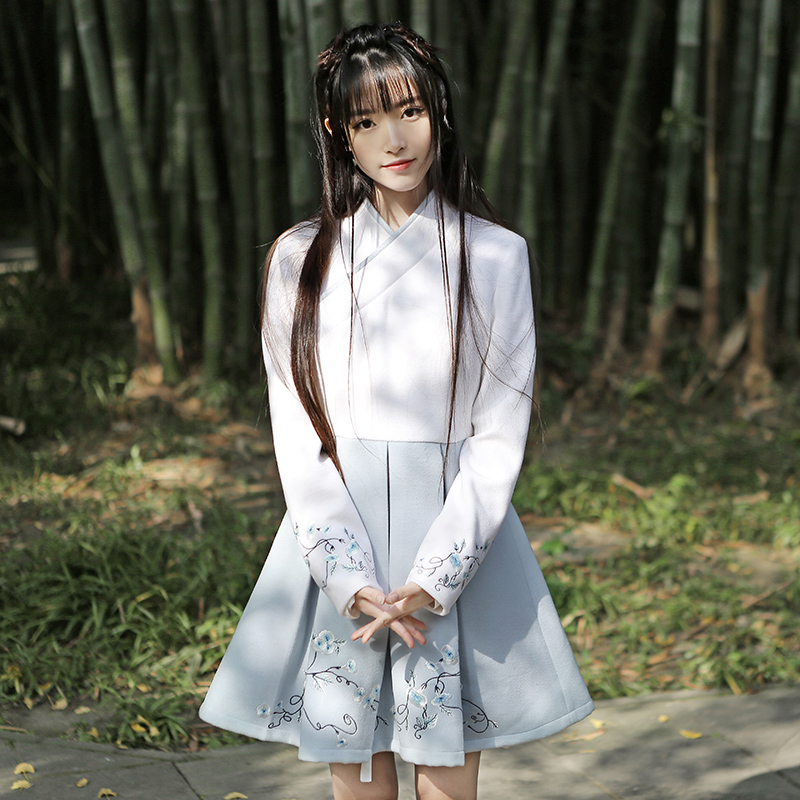 幽梦-2016冬季厚款连衣裙改良汉服汉元素女撞色