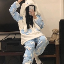 Soft cartoon warm hooded laurel dog nightgown sweet winter thickened big-eared nightgown cute home service woman