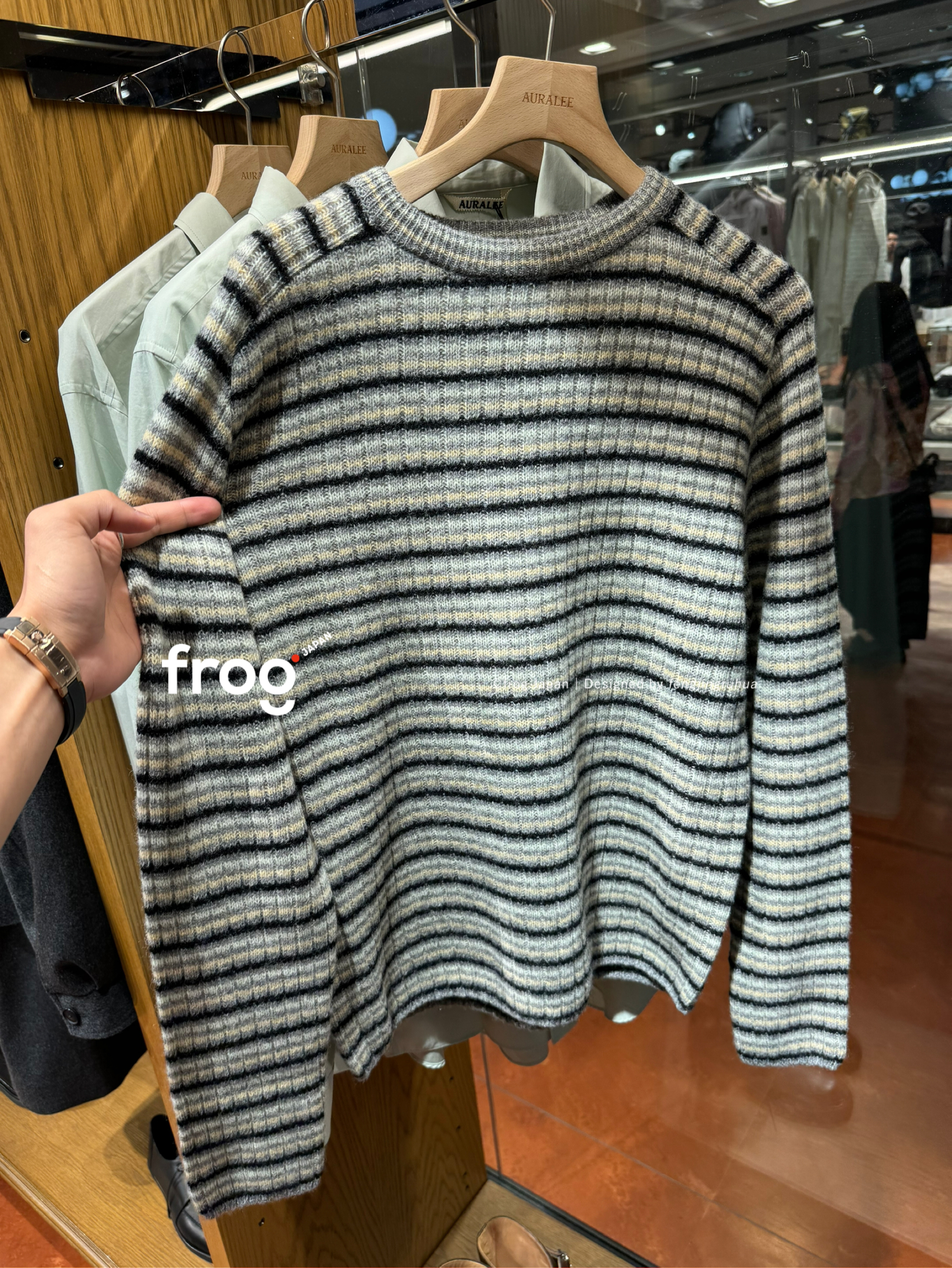 トップス AURALEE 19AW PURE SHETLAND WOOL KNIT P/O AURALEE / Shetland Wool Cashmere Rib Knit P/O (Beige Stripe