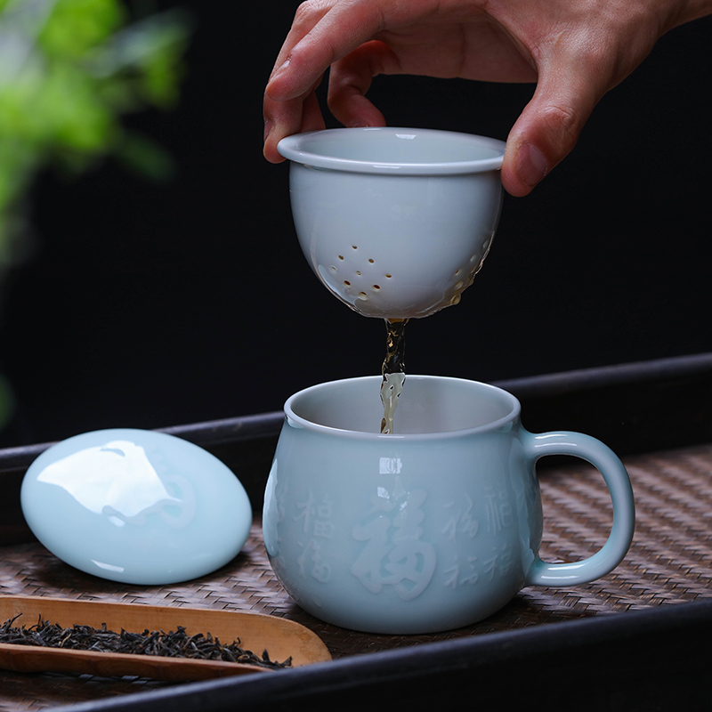 Catalpa xin jingdezhen ceramic filter cups with cover home tea cup hand - made glass carving shadow celadon office