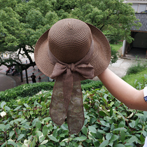 Straw hat womens summer sunscreen eaves wild sun hat shade Korean version beach hat womens seaside topper tide folding