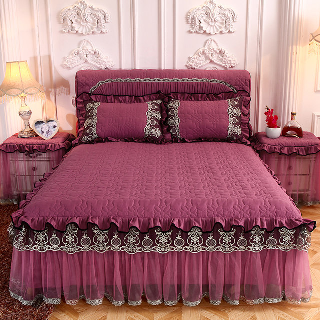 European quilted bed skirt thickened bedspread single piece solid color bed covered brushed lace anti-slip ແຜ່ນປົກຫຸ້ມປ້ອງກັນ Simmons