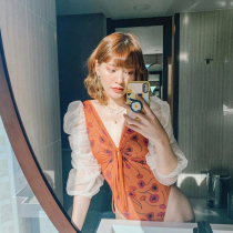 Swimsuit female one-piece triangle fairy fan Xianlian thin belly long sleeve sexy Korean ins Net red retro hot spring swimsuit