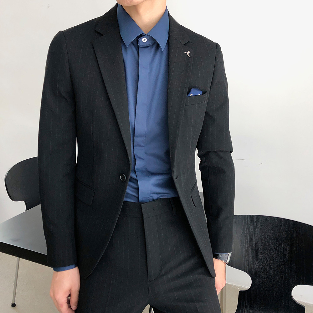 自拍风 韩版西服二件套男士修身英伦西装套装时尚-p220