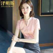 Zumines pink V-collar work clothes professional short sleeve shirt women 2021 summer thin dress stand collar white shirt
