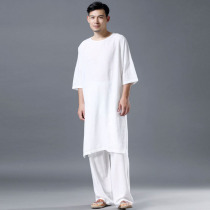 Summer Chinese short-sleeved cotton and linen robe top Mens meditation lay suit Long shirt Tai Chi meditation practice Zen tea suit