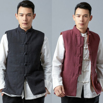 Republic of China placket quilted jacket original literary vest Chinese retro mens thickened waistcoat cotton and hemp short warm vest