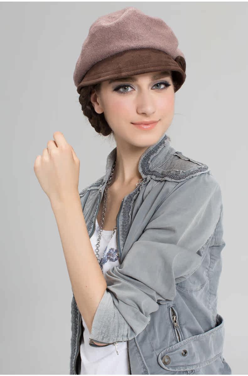 悦己 春秋新款韩版女士保暖麂皮短沿平顶帽时装羊毛帽子c3025