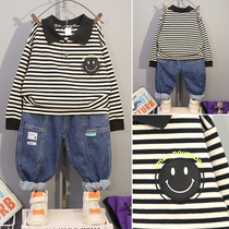Boys autumn suit Net red spring and autumn 2021 New stripes two-piece set Korean version of foreign boy handsome tide clothes