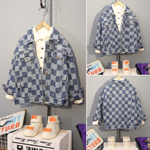 Childrens clothing boy denim coat 2021 new boy handsome handsome plaid spring and autumn Net red Korean cardigan tide