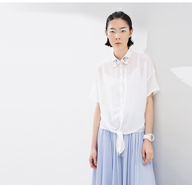 初语衬衣女装2016夏季新品 修身猫咪印花刺绣短袖衬衫女 8620232006c