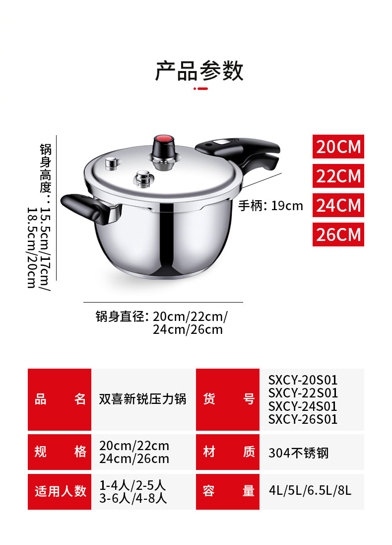 双喜304不锈钢高压锅家用燃气电磁炉通用小压力锅1-2-3-4-5-6人