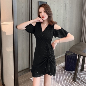 2020 new bright diamond elastic fashion Korean slim V-neck irregular Ruffle Dress