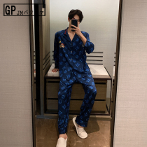 Japan GP Ice Screen Nightgown Men Spring and Autumn Silk Home Wears Long Sleeve Men Fall National Tide Blue Set