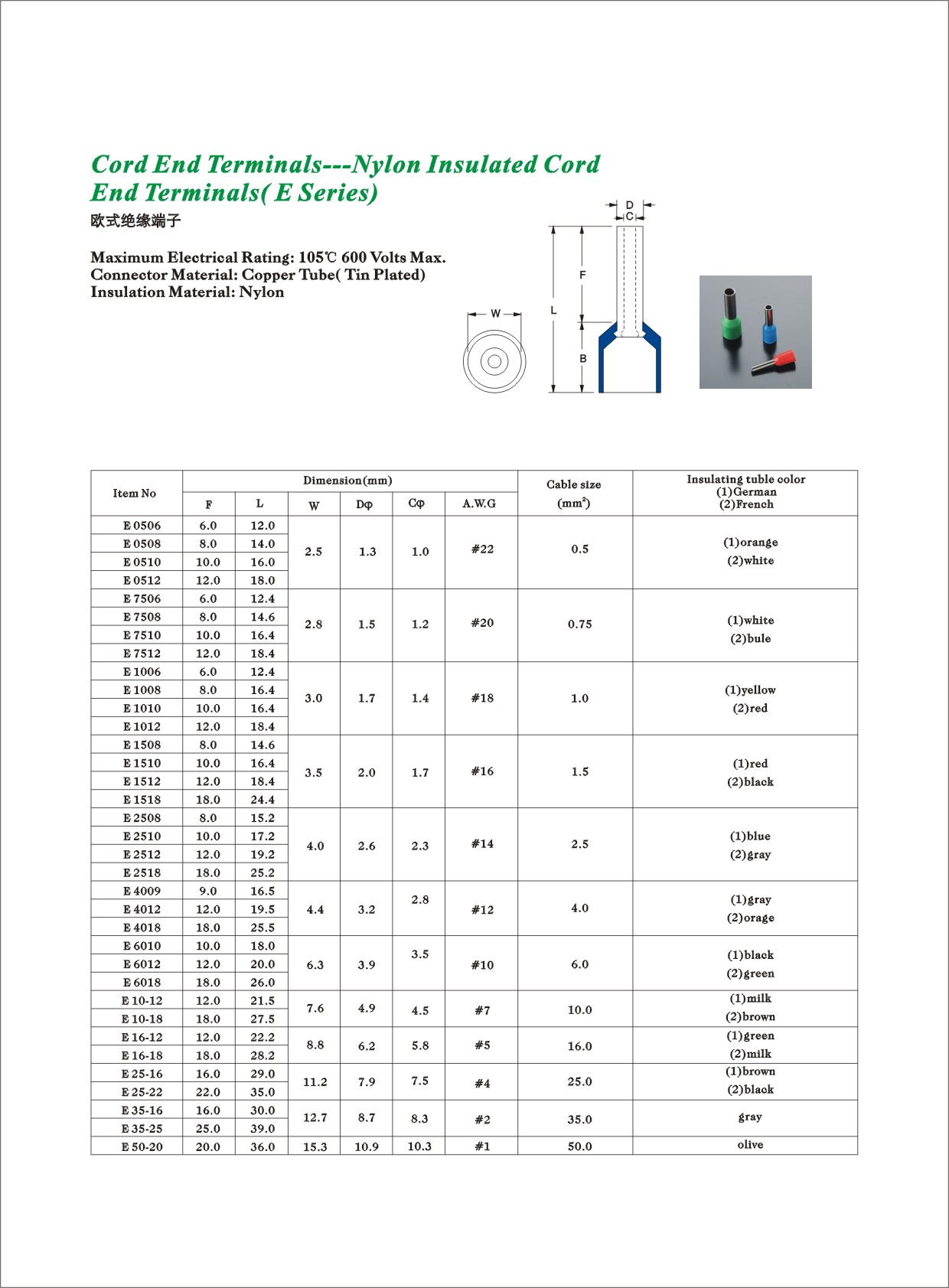 紫铜e35-16 欧式端子冷压 插针管型端子铜鼻子 针型接线端子