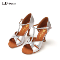 LD Latin dance shoes female adult soft thick bottom medium-high heel satin professional national standard practice performance Competition Lombardo precisely