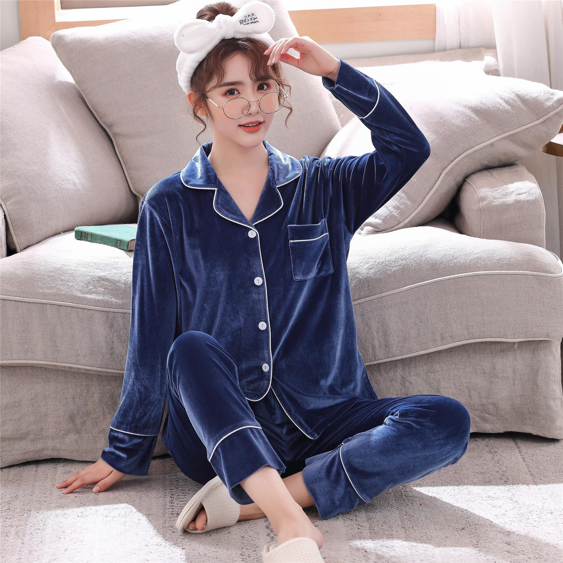 时尚情侣睡衣长袖金丝绒薄款韩版开衫男士纯色家居服女秋冬季套装