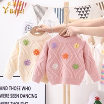 Korean childrens clothing 20 autumn and winter new girls pullover sweater baby handmade flower Western style childrens knitted bottoming shirt