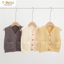 Autumn childrens sweater vest knitted cardigan button Japanese vest mens and womens childrens outer wear horse clip all-match Korean version of the tide
