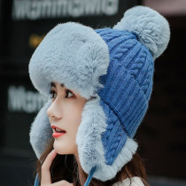 Wool hat womens autumn and winter Lei Feng hat warm Korean version sweet and cute winter ear hair ball tide knitted hat winter