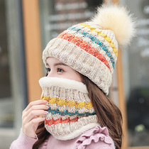 Hat female winter Korean version of the tide Joker fashion cute sweet knitted wool cap thick warm bib two-piece set