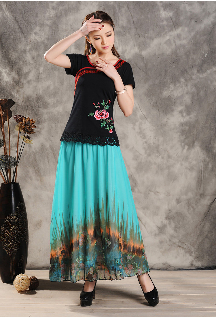 8635#新款春夏装民族风女装双层雪纺半身裙 百搭印花色大摆裙子