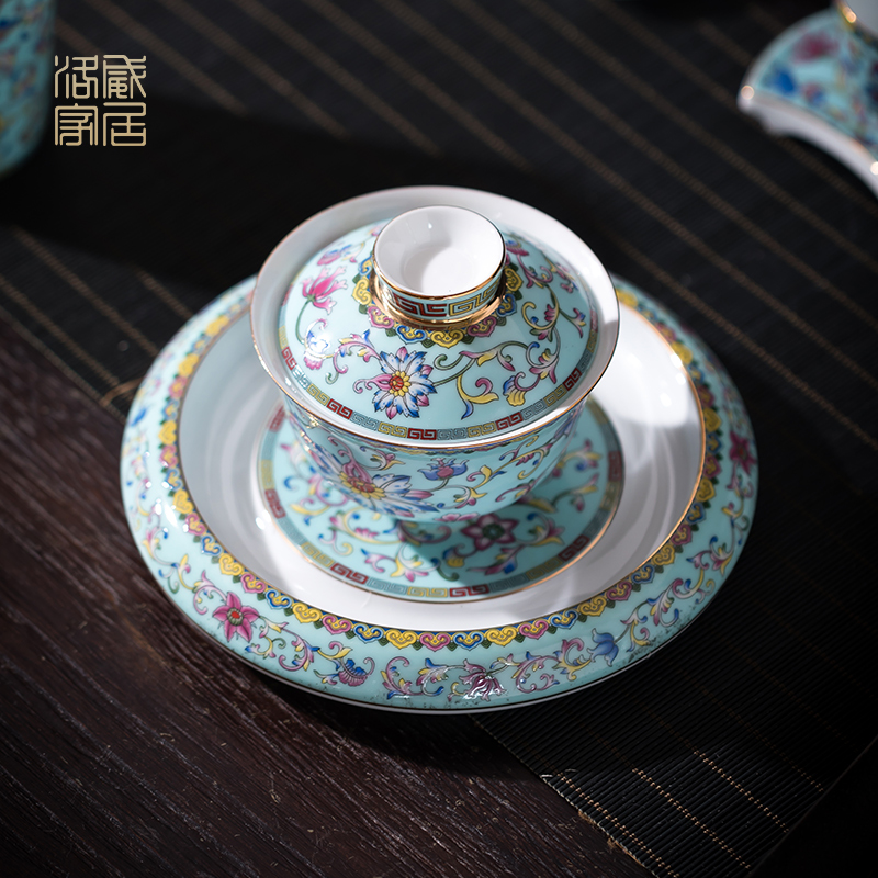 Blower, kung fu tea set suit high - end home sitting room of jingdezhen ceramics colored enamel tea tureen of a complete set of cups