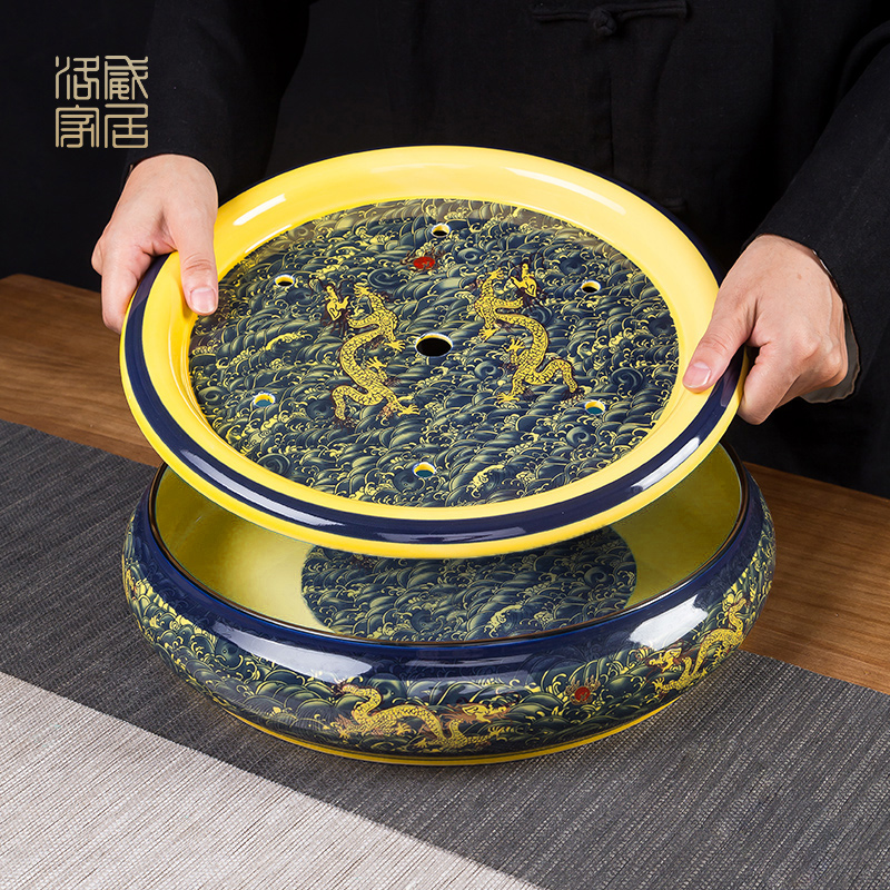 , ceramic household ground round large double dragon saucer dish of jingdezhen porcelain tea set accessories single plate