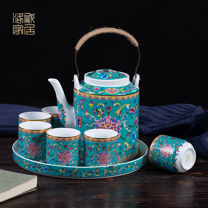 Cool colored enamel kettle sets jingdezhen ceramic household of Chinese style old archaize large - capacity cold pot teapot