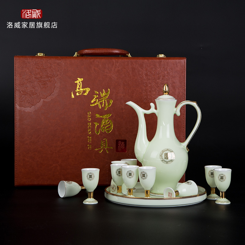 Jingdezhen wine suits for ceramic celadon home court of a complete set of antique Chinese jade porcelain paint jar of wine cup