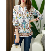 UJIA niche design sense v collar hollow floral shirt women chiffon loose long sleeve jacket harbor style printed shirt