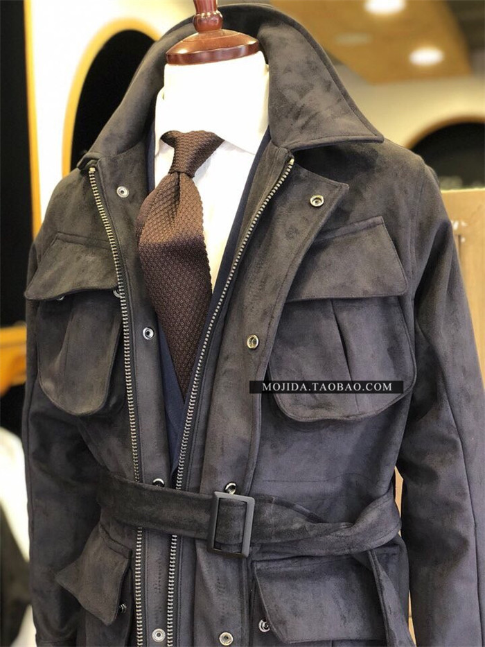 推荐现货!韩国男装商务休闲鹿绒皮狩猎装夹克男士多口袋束腰外套