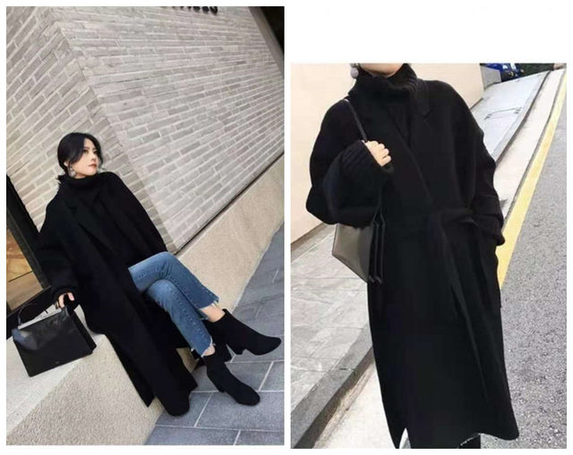 Counter-season double-faced cashmere coat women were thin and loose mid-length Hepburn wind wool black high cold thick coat high-end Counter-season double-faced cashmere coat women were thin and loose mid-length Hepburn wind wool black high cold thick coat high-end