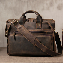 Original handmade leather mens bag mad horse cowhide shoulder bag horizontal retro crossbody computer bag