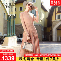 Camilan knitted dress 2019 autumn and winter womens new mid-length small stand-up collar long-sleeved a-line skirt is thin