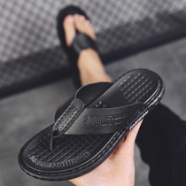 Leather flip-flops mens summer mens non-slip outdoor solid color daily wear black beach leather flip-flops