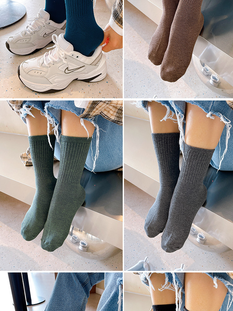 韩国中筒袜女复古螺纹简约吸汗棉秋冬东大门代购正品潮流短袜