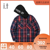 it izzue mens shirt autumn trend plaid military style letter hooded 8103F9D