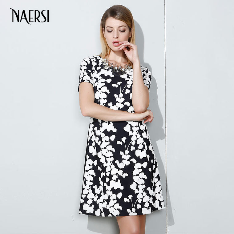 NAERSI/娜尔思连衣裙2015夏季新款水墨印花雪纺连衣裙短袖圆领