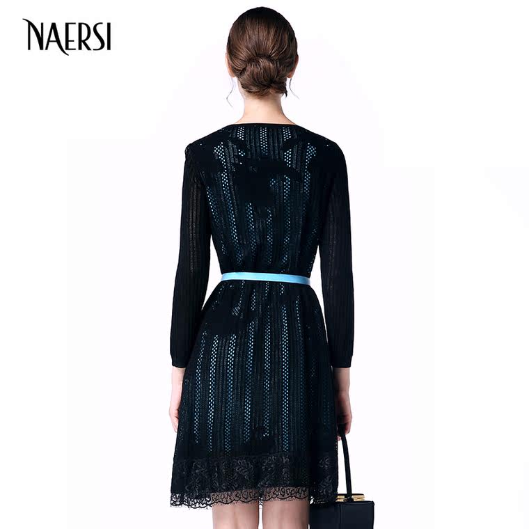 NAERSI/娜尔思2015秋季新品女装圆领长袖假两件修身蕾丝A字连衣裙