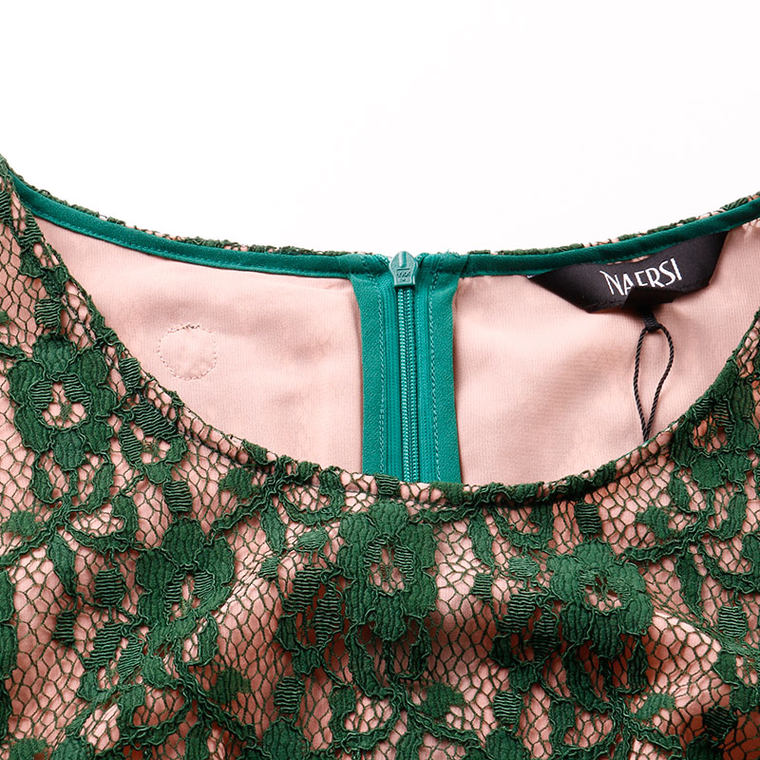 NAERSI/娜尔思女装2015夏季新款连衣裙圆领长袖修身拼接连衣裙