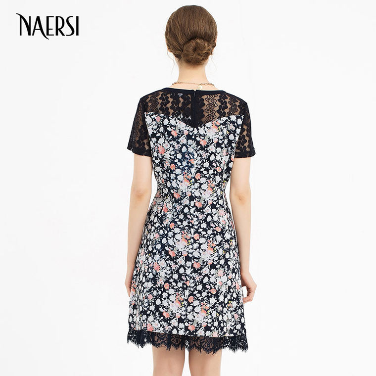 NAERSI 娜尔思连衣裙女装2015秋季新品印花连衣裙蕾丝碎花连衣裙