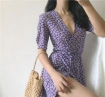 European and American sexy deep v collar small daisy printed surround wrap lacing short sleeves Broken Flowers Holiday Dress